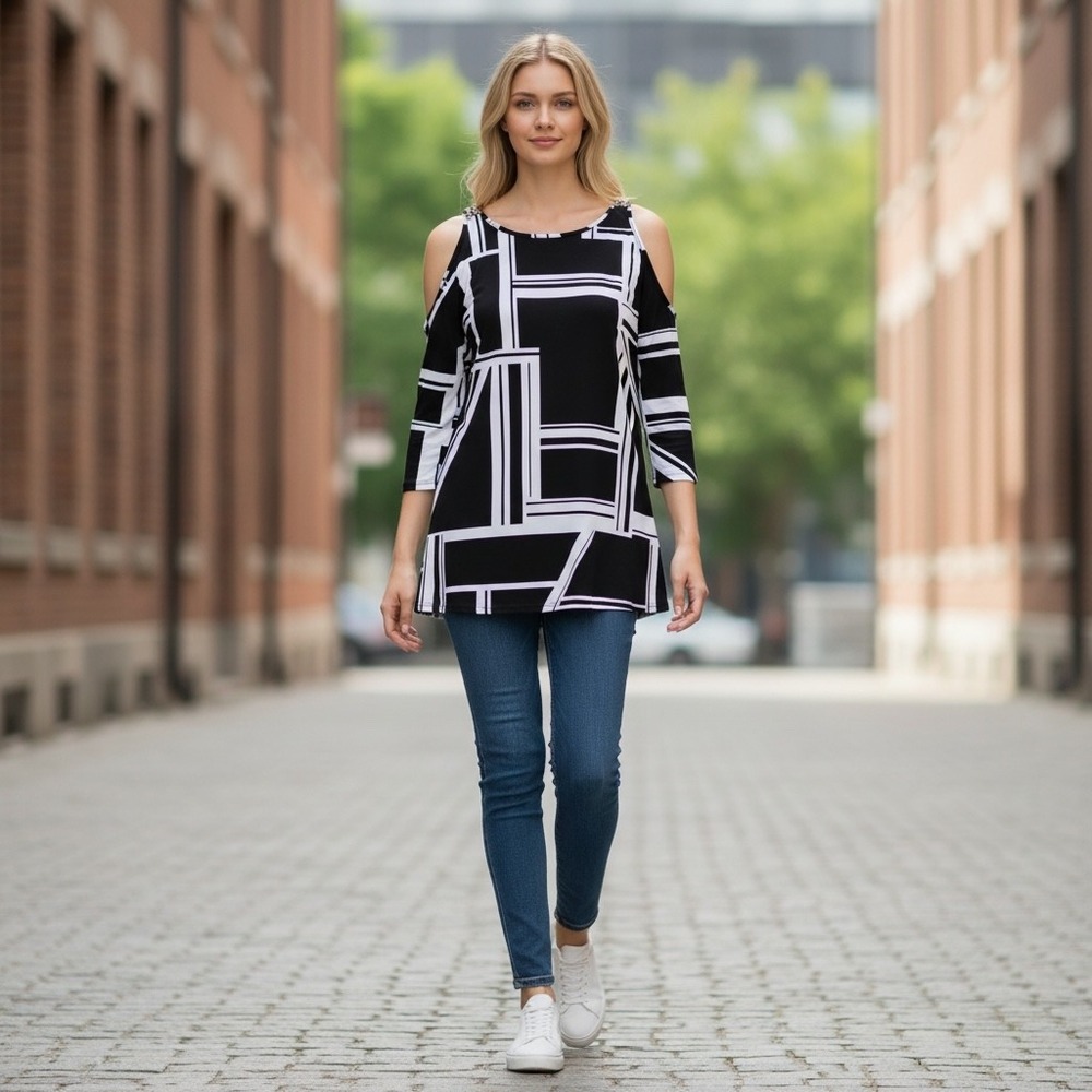 Chicos‎ Travelers Collection Geometric Print Cold Shoulder Tunic Top Size 1